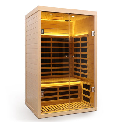 Luxury Indoor Hemlock Infrared Sauna Room – 2-Person, Double Doors with Glass