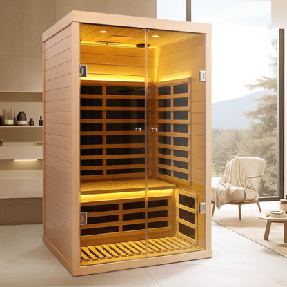 Luxury Indoor Hemlock Infrared Sauna Room – 2-Person, Double Doors with Glass