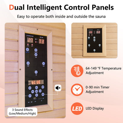 2-Person Far Infrared Wooden Sauna Room with Included Red Light Therapy Panel
