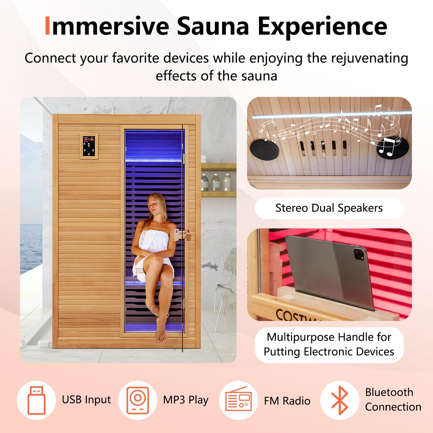 2-Person Far Infrared Wooden Sauna Room with Included Red Light Therapy Panel