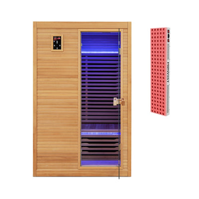 2-Person Far Infrared Wooden Sauna Room with Included Red Light Therapy Panel