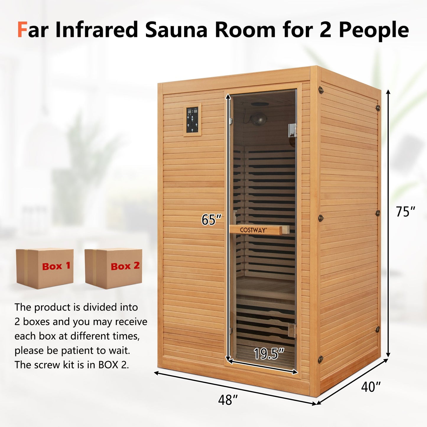 2-Person Far Infrared Wooden Sauna Room with Included Red Light Therapy Panel