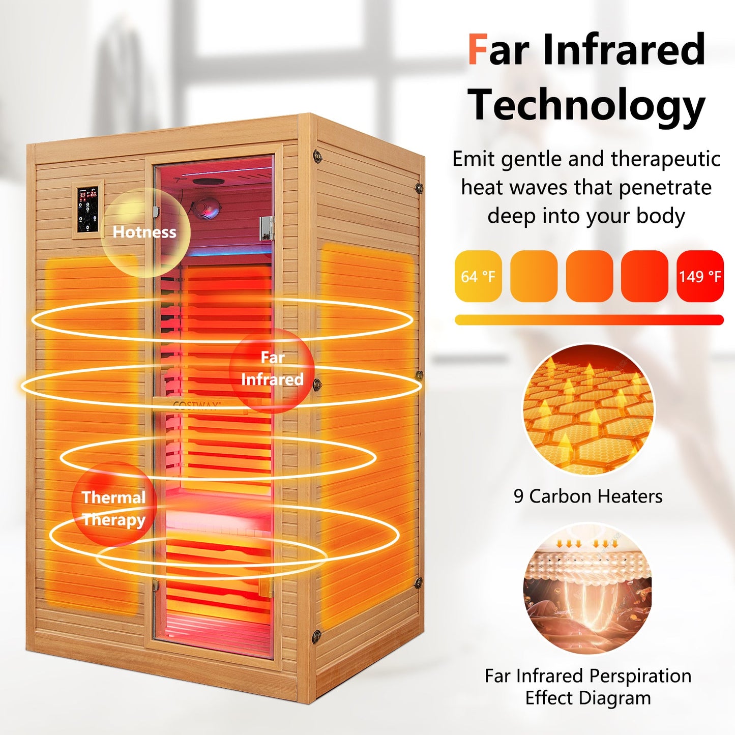2-Person Far Infrared Wooden Sauna Room with Included Red Light Therapy Panel