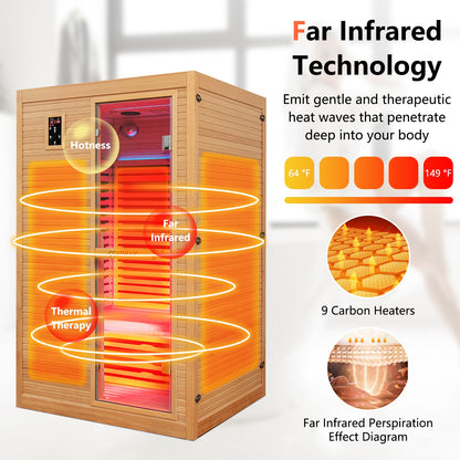 2-Person Far Infrared Wooden Sauna Room with Included Red Light Therapy Panel