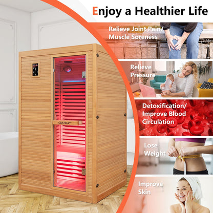 2-Person Far Infrared Wooden Sauna Room with Included Red Light Therapy Panel