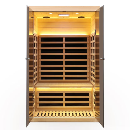 Luxury Indoor Hemlock Infrared Sauna Room – 2-Person, Double Doors with Glass