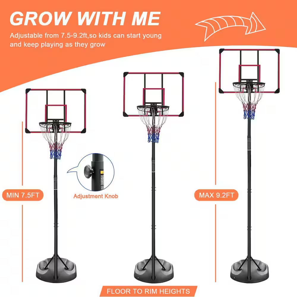7.5 Ft. to 9.2 Ft. H Youth System Hoop Adjustment Portable Basketball Hoop Basketball System with Wheels