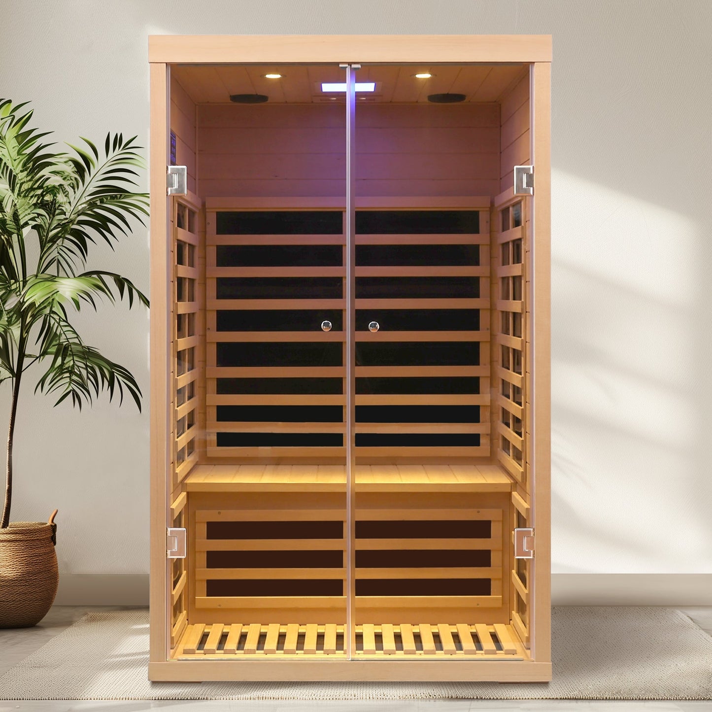 Luxury Indoor Hemlock Infrared Sauna Room – 2-Person, Double Doors with Glass