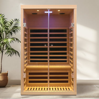Luxury Indoor Hemlock Infrared Sauna Room – 2-Person, Double Doors with Glass