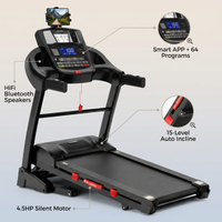 4.5HP Folding Treadmill for Home with 15 Auto Incline, Smart APP, 300Lbs, Hifi Bluetooth Speakers, 64 Programs, 10MPH Speed, Foldable Eletreadmill Running Machine, Knee Strap Gift — infographic