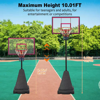 8-10 Ft. Adjustable Height Portable Basketball Hoop Basketball System with Red Backboard, Basketball Hoop and Wheels