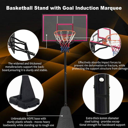 8-10 Ft. Adjustable Height Portable Basketball Hoop Basketball System with Red Backboard, Basketball Hoop and Wheels