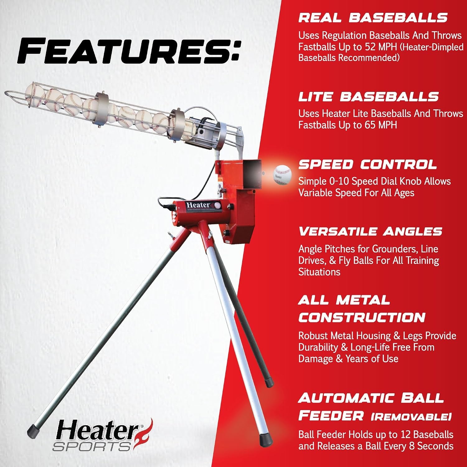 Sports Heavy-Duty Baseball Pitching Machine W/Bonus Ball Feeder - Accurate & Adjustable Pitching Machine for Kids, Teens, and Adults | Ideal for Baseball Training and Practice Sessions