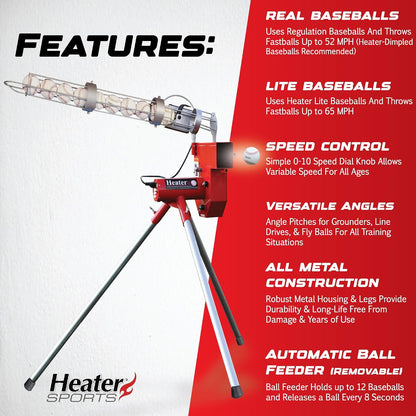 Sports Heavy-Duty Baseball Pitching Machine W/Bonus Ball Feeder - Accurate & Adjustable Pitching Machine for Kids, Teens, and Adults | Ideal for Baseball Training and Practice Sessions