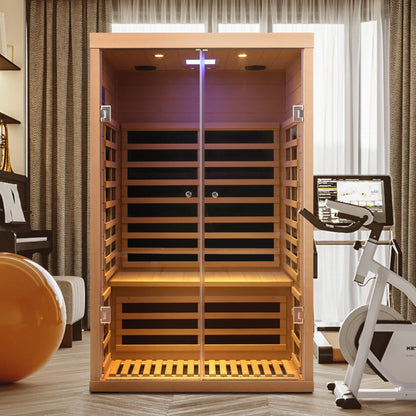 Luxury Indoor Hemlock Infrared Sauna Room – 2-Person, Double Doors with Glass