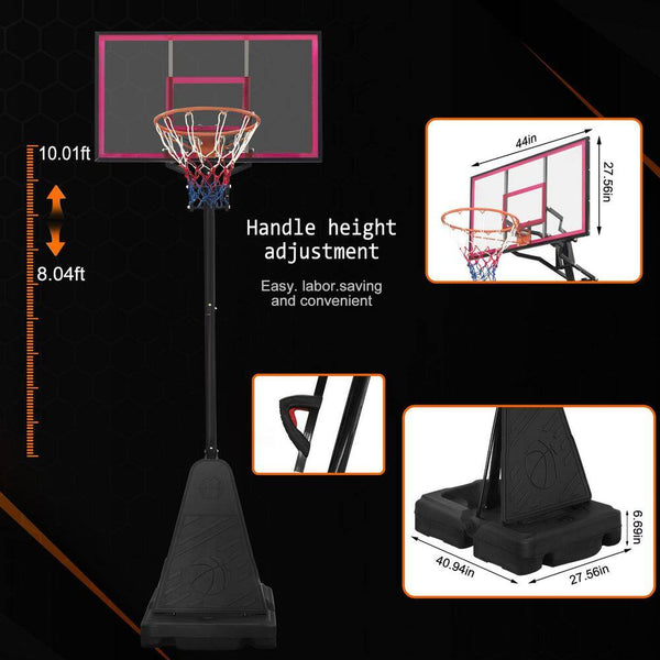 8-10 Ft Adjustable Height Portable Basketball Hoop System with Red Backboard