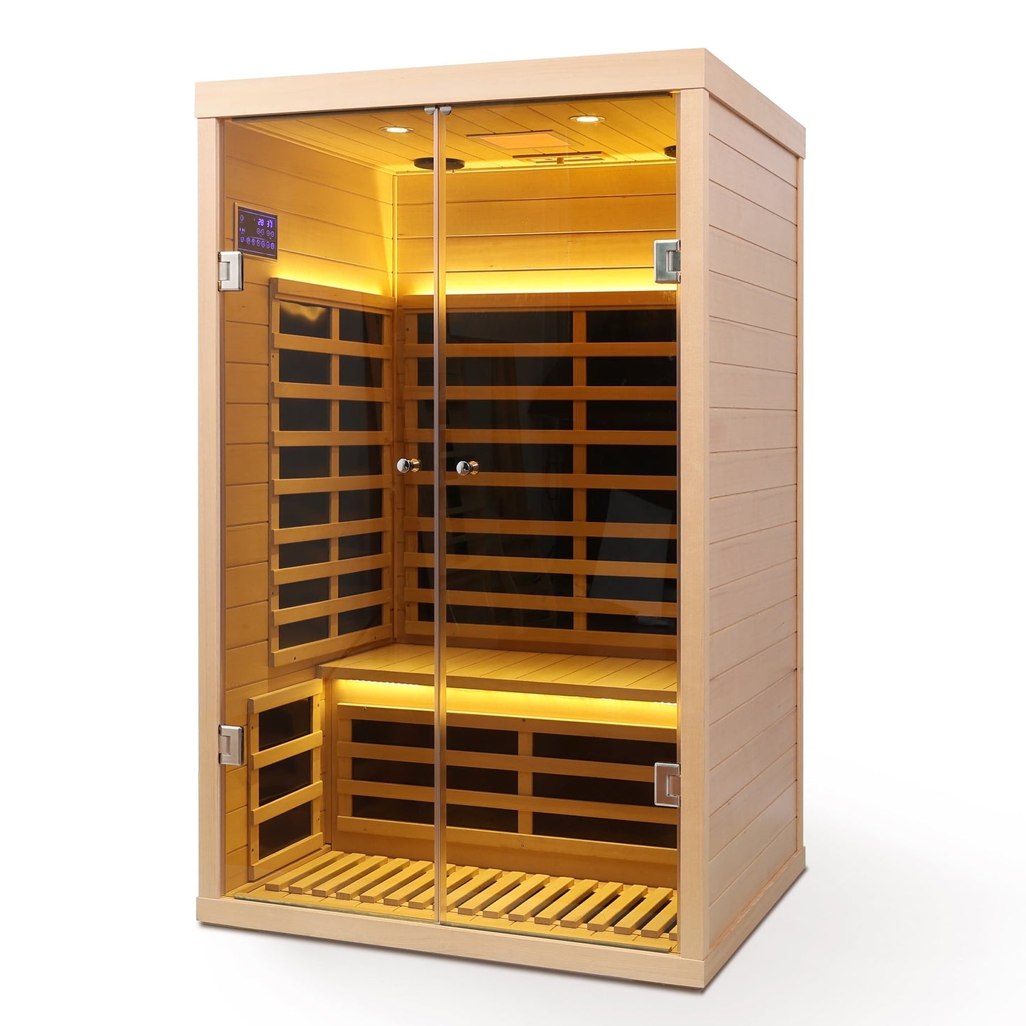 Luxury Indoor Hemlock Infrared Sauna Room – 2-Person, Double Doors with Glass