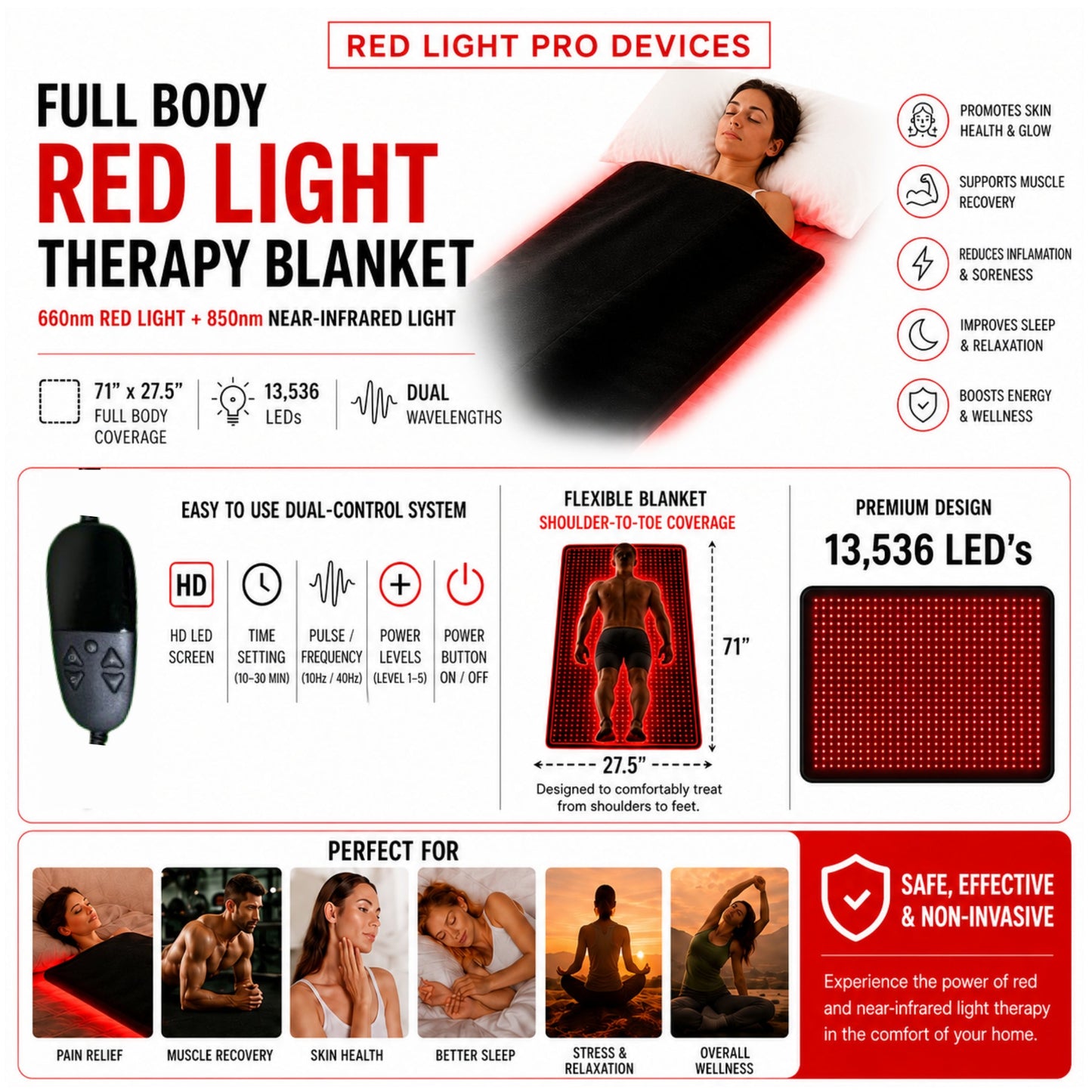 Full Body Red Light Therapy Blanket – 71" x 27.5", 13,536 LEDs, 660nm + 850nm Dual Wavelength