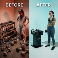 Pro 50 Adjustable Dumbbells, Sold in Pairs, 5-50 Lb. Dumbbells, Durable Steel Build, Innovative Workout Equipment, All-In-One Dumbbells — Before & After