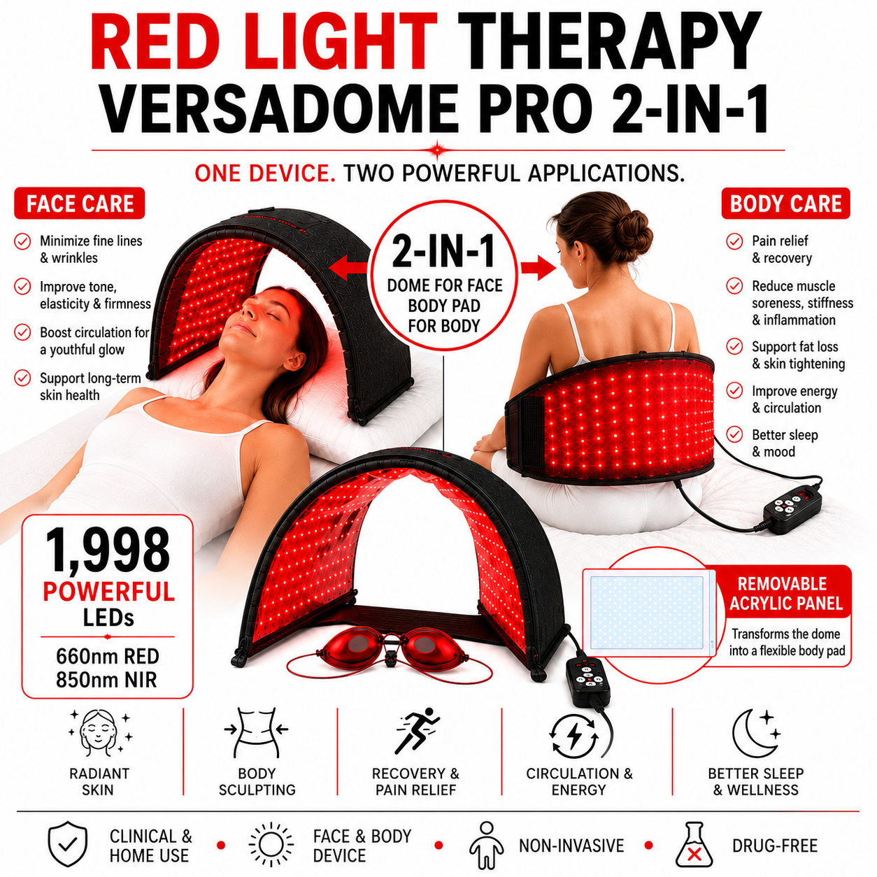 Red Light Therapy Device - VersaDome Pro 2-in-1 – 1,998 LED Face & Body Panel