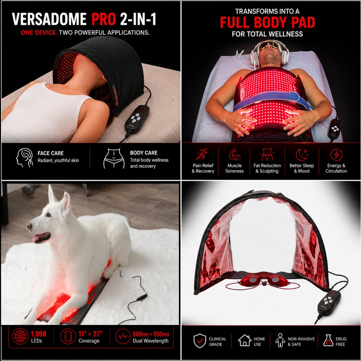 Red Light Therapy Device - VersaDome Pro 2-in-1 – 1,998 LED Face & Body Panel