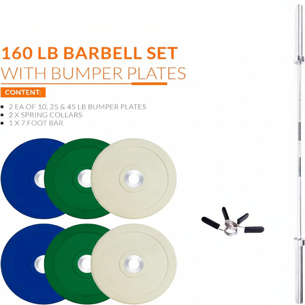 Barbell Olympic Weight Set with 7Ft Barbell & Bumper Plates | 160-370 Lbs | Multiple Options