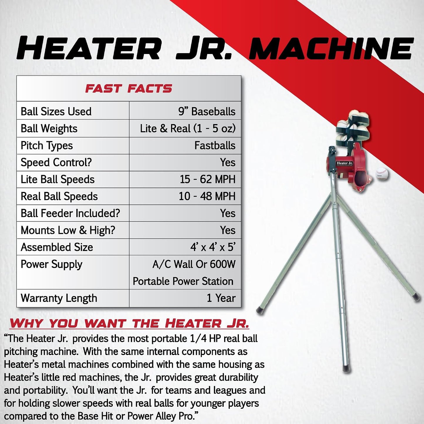 Sports Junior Baseball Pitching Machine, Portable, and Adjustable with Variable Speed and Angle, Perfect for Kids' Batting Practice, Skill Development, and Backyard Training