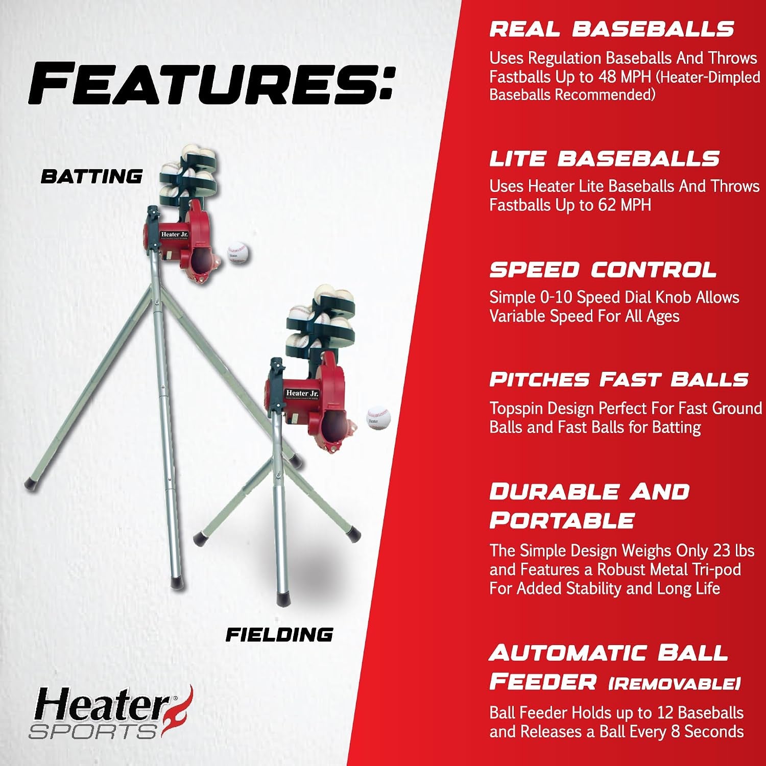 Sports Junior Baseball Pitching Machine, Portable, and Adjustable with Variable Speed and Angle, Perfect for Kids' Batting Practice, Skill Development, and Backyard Training
