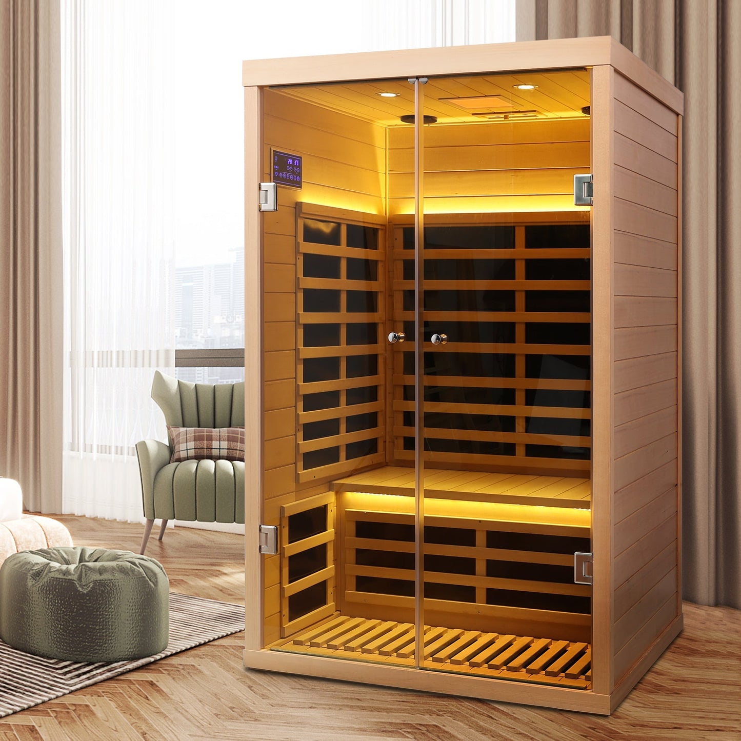 Luxury Indoor Hemlock Infrared Sauna Room – 2-Person, Double Doors with Glass