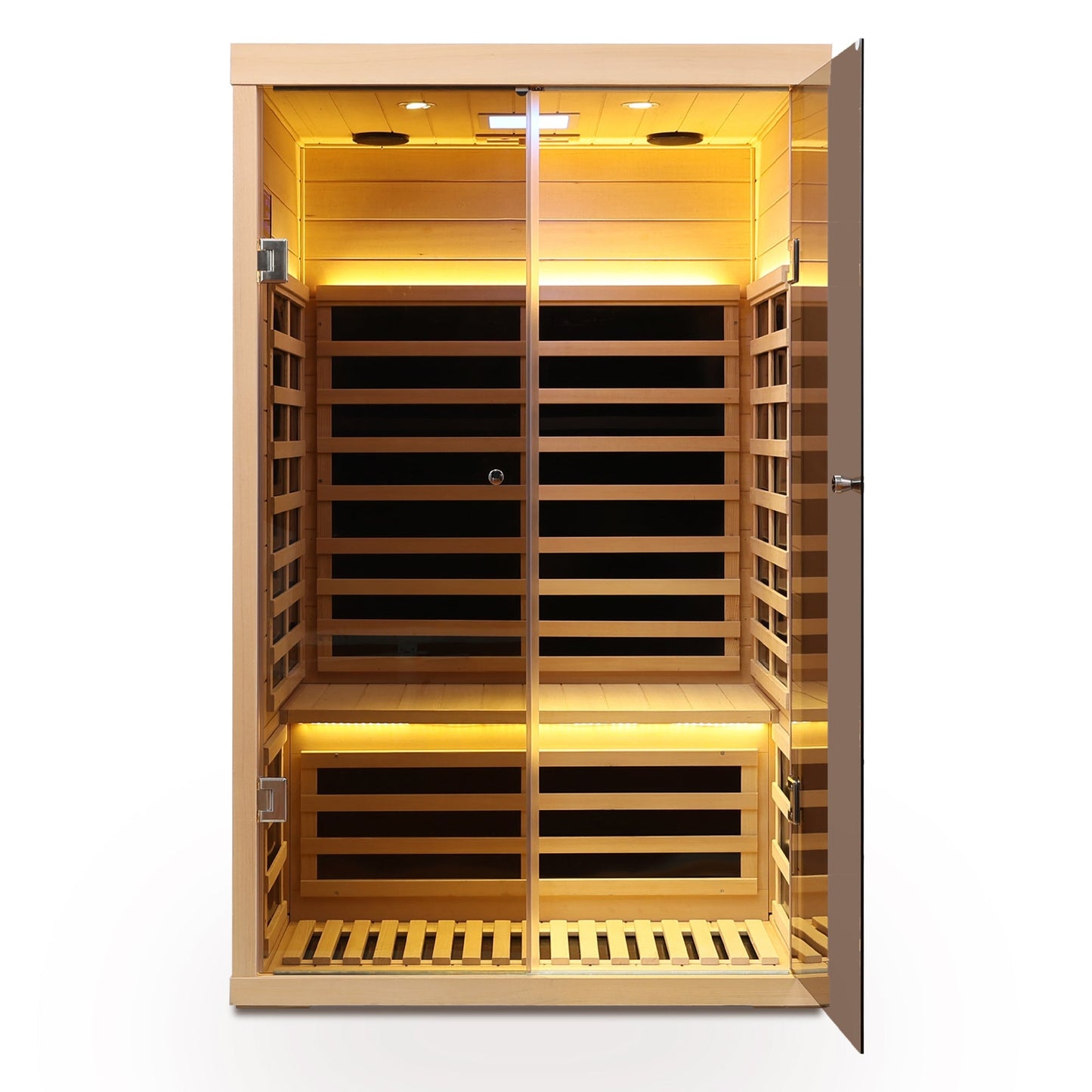 Luxury Indoor Hemlock Infrared Sauna Room – 2-Person, Double Doors with Glass