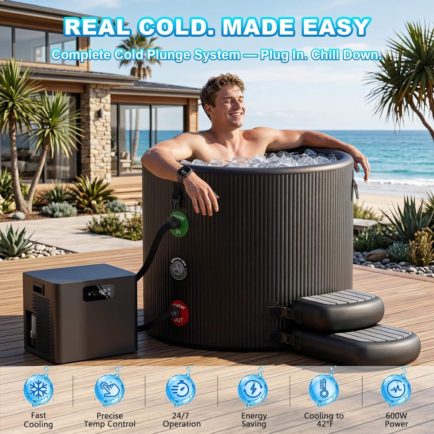 Premium XL 120 Gal Cold Plunge Tub Kit with 1/3 HP Chiller, Filter & Pump (SAK58283)